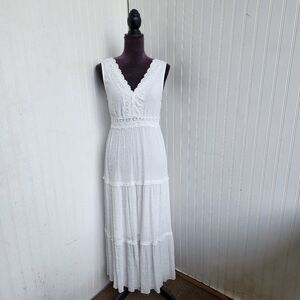 Kings Road Womens Maxi Long Dress  White Sleeveless Vacation Cruise Flowy Sz S